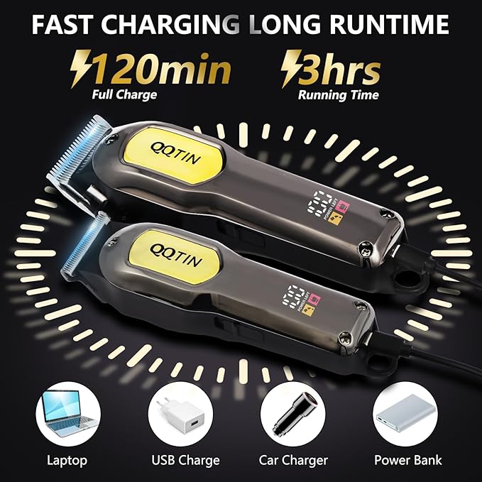 QQTIN Hair Clippers for Men, Cordless & Corded Professional Clippers Set, 7500RPM Rechargeable Hair Cutting Kit with Precision Blades & Guide Combs, Ideal for Barbers & Home Use (Silver)