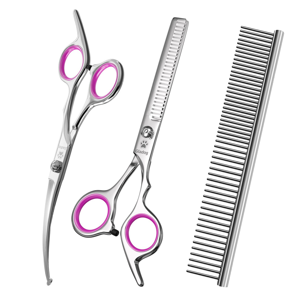 GLADOG Professional 4 in 1 Dog Grooming Scissors Set with Safety Round Tips, Sharp and Heavy-duty Pet Grooming Shears for Cats (Pink)