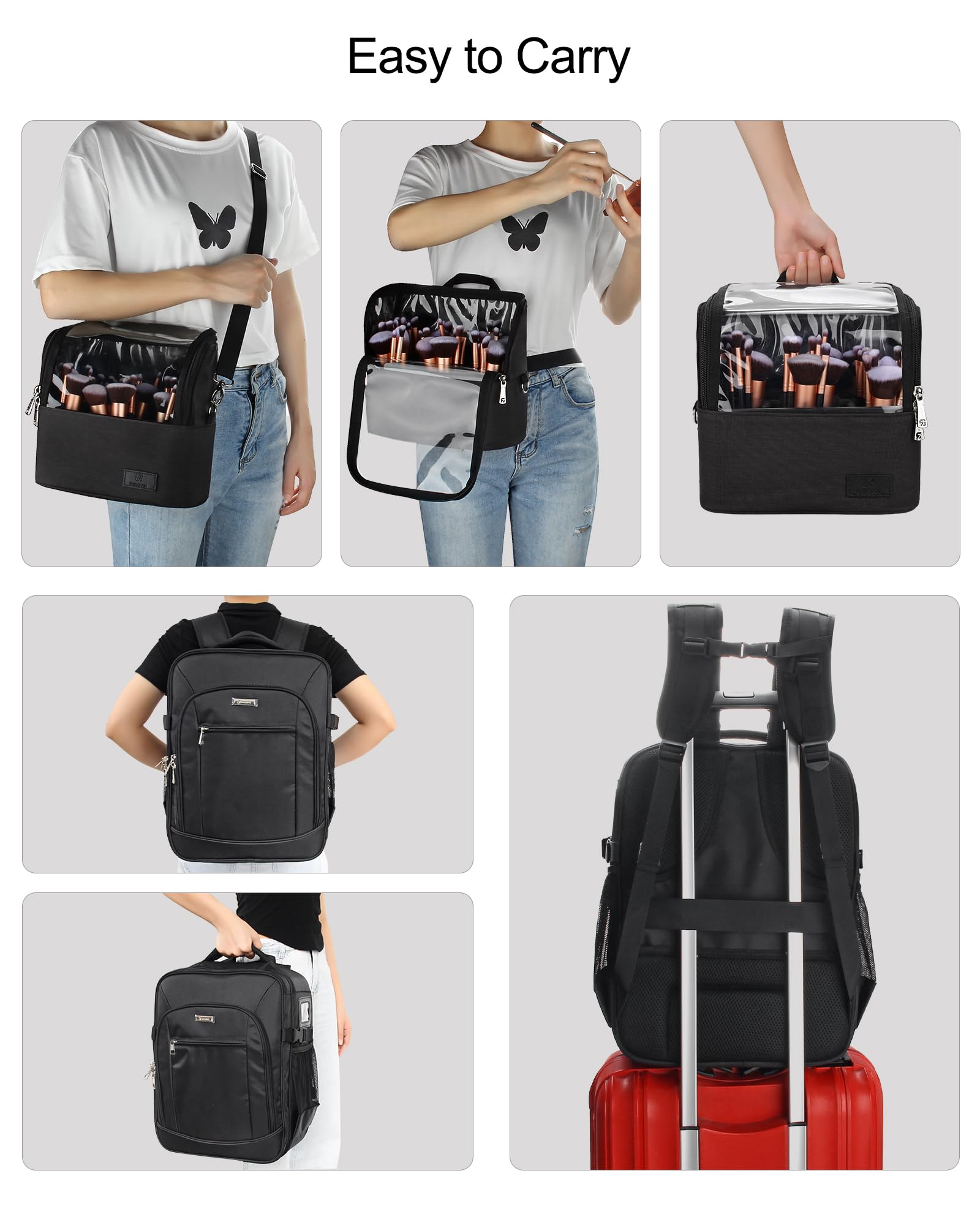 TANTO Makeup Backpack Makeup Artist Bag Professional Extra Large Cosmetic Bags Travel Train Case Storage Organizer Double-Layer Cosmetic Case with 4 Pouch and Brush Organizer (Black, two piece)
