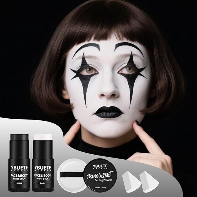 YBUETE White Black Face Body Paint Stick Set for Halloween Cosplay SFX