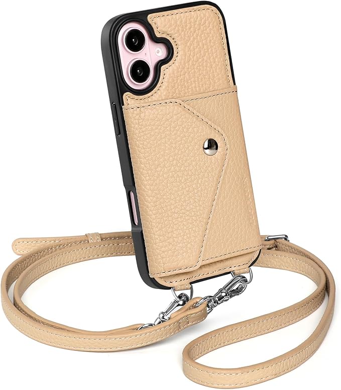 LUCKYCOIN Crossbody Phone Case for iPhone 16,100% Genuine Leather Phone Wallet Case for Women, Fashion Premium Hands-Free Phone Purse with Expandable Flip Card Holder & Adjustable Strap - Pebble Beige