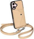 LUCKYCOIN Crossbody Phone Case for iPhone 16,100% Genuine Leather Phone Wallet Case for Women, Fashion Premium Hands-Free Phone Purse with Expandable Flip Card Holder & Adjustable Strap - Pebble Beige