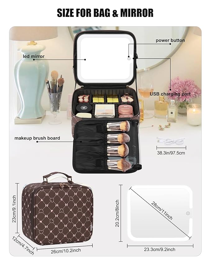 Relavel Travel Makeup Bag With LED Mirror, Brown Bowknot