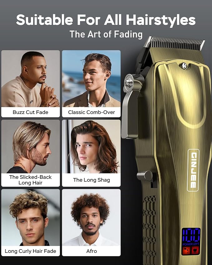 GinJee Hair Clippers for Men, Cordless & Corded Barber Clipper with 5Hrs Runtime, 7000RPM Rotary Motor & LED Display, Waterproof Professional Hair Cutting Kit for Men and Home Use (Gold)