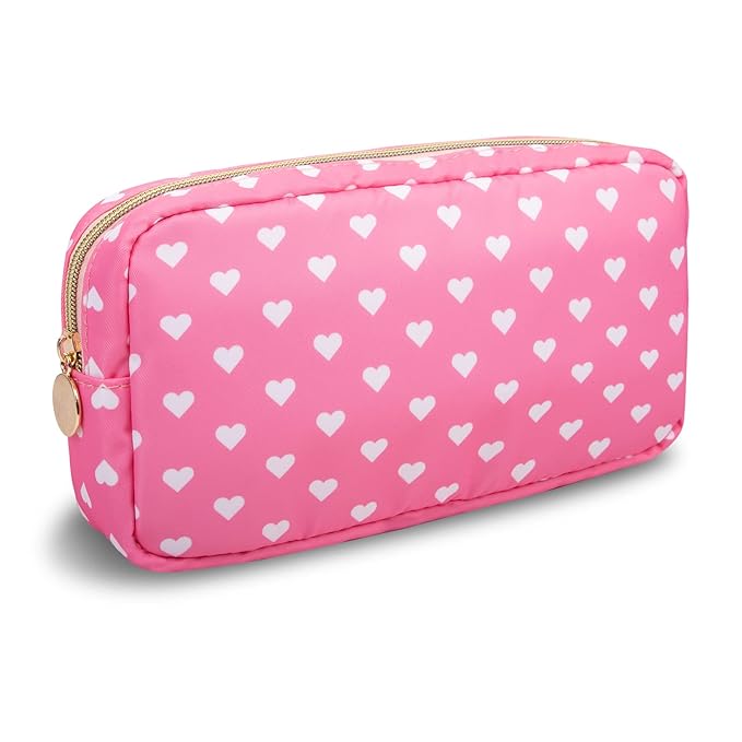 UIXIZQ Small Makeup Pouch for Purse，Nylon Travel Toiletry Storage Cute Preppy Cosmetic Bag for Women Girls，Waterproof Makeup Organizer Pouch Skincare Purse with Zipper (Small-Pink Heart)