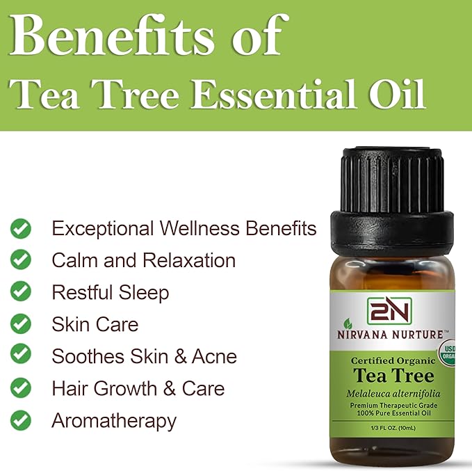 Nirvana Nurture Tea Tree Essential Oil, USDA Certified Organic, 100% Pure Undiluted, Aromatherapy Oil for Diffuser, Hair & Skin Care