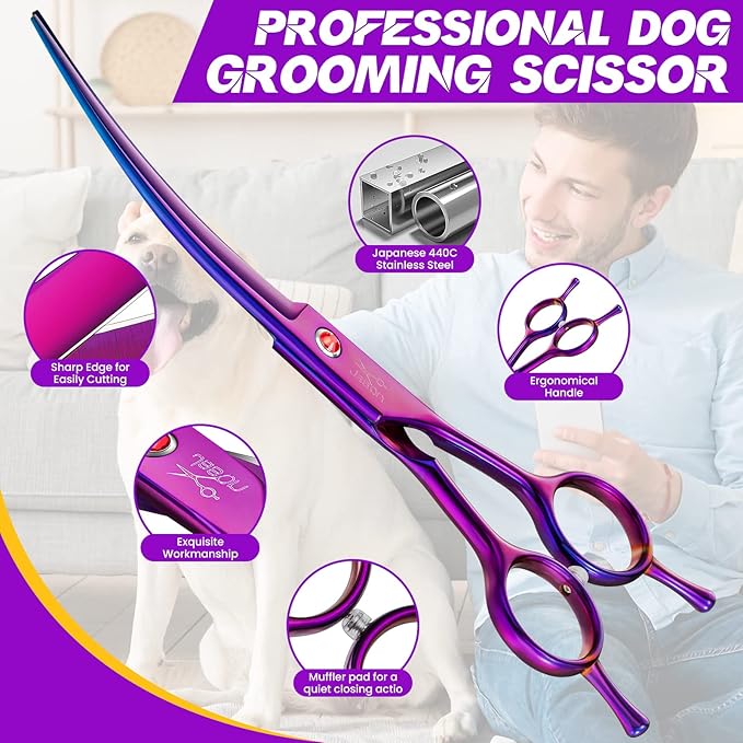 JASON Curved Dog Grooming Scissors - 7" Up-Curved Trimming Shears Purple