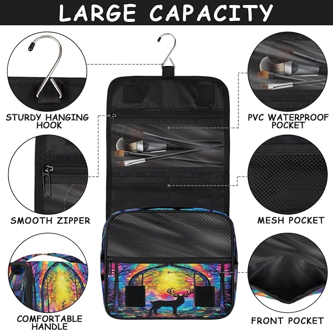 YoYoYuchong Travel Toiletry Bag for Women & Men Animal Colorful Deer Hanging Cosmetic Organizer Portable Waterproof Makeup Case Make Up Bag with Compartments Travel Essentials for Bathroom Shower