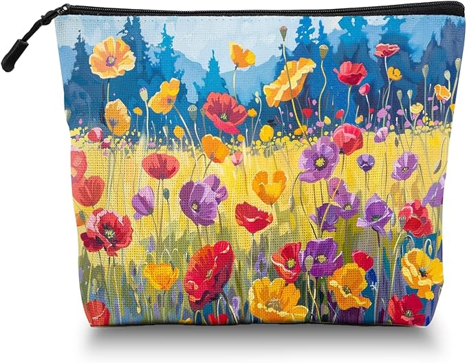 Scribesense Cosmetic Bags Travel Makeup Toilet Case Waterproof Pouch for Women Girls 6.7X9.45inches - Oil Painting of A Colorful Poppy Field