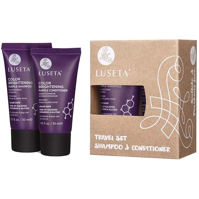 Luseta Color Brightening Purple Travel Shampoo and Conditioner Mini Kit for Blonde, Silver and Gray Hair - Brassiness Neutralizer for Highlighted and Bleached Hair, 2x1.01oz Carry on Friendly