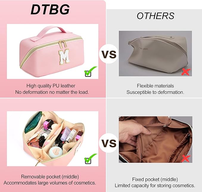 for Christmas Day Gifts, Makeup Bag for Women, PU Leather Travel Toiletry Bags, Initial Make Up Cosmetic Pouch for Teen Girls, Wide Open Portable Skincare Bag, Personalized Birthday Gifts, Pink T
