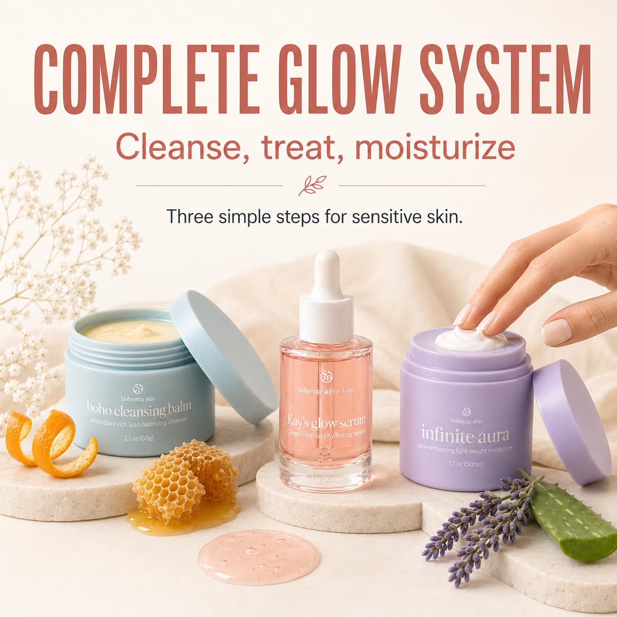 Bohemia Skin Kay’s Glow Serum + Infinite Aura Moisturizer + Boho Cleansing Balm – Oxygen-Infused THDA Vitamin C with Gentle AHA for Face and neck | Hydrates, Soothes and Brightens Bundle