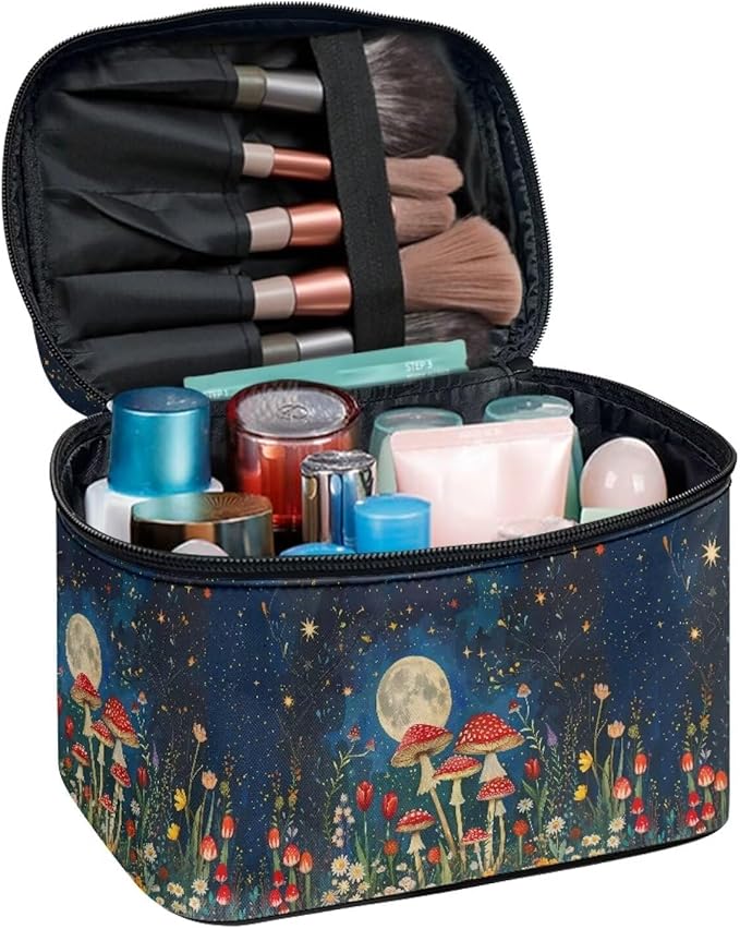 Drydeepin Vintage Mushroom Moon Starry Night Print Makeup Bag for Women Ladies Portable Cosmetic Bag with Zipper and Carry Handle Make Up Tote Bags Toiletry Case Organizer