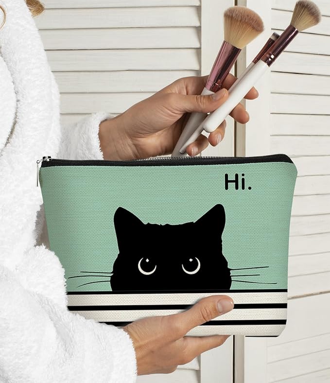 BARPERY Cute Makeup Bag - Cat Gifts for Lovers, Black Kitty Cosmetic Bag, Makeup Pouch (Teal)