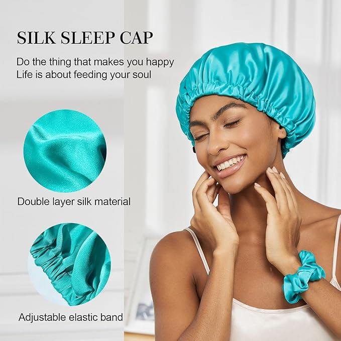 Satin Bonnet Silk Bonnet for Sleeping Women Double Layer Hair Bonnet Wrap Sleep Cap Gifts for Women Curly Hair Green