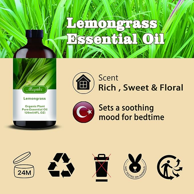 MLYNKL Lemongrass Essential Oil,Lemongrass Oil for Massage Home,4 fl oz