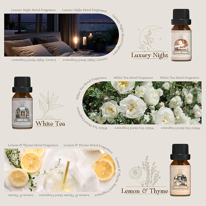 SALUBRITO Hotel Fragrance Oil Set, Luxury Essential Oil Set for Diffuser, Candle, Soap Making Scents, Bergamont & Ylang-ylang, White Tea, Lemon & Thyme, Citrus Bliss, Lemon Tuberose, Jasmine & Mint