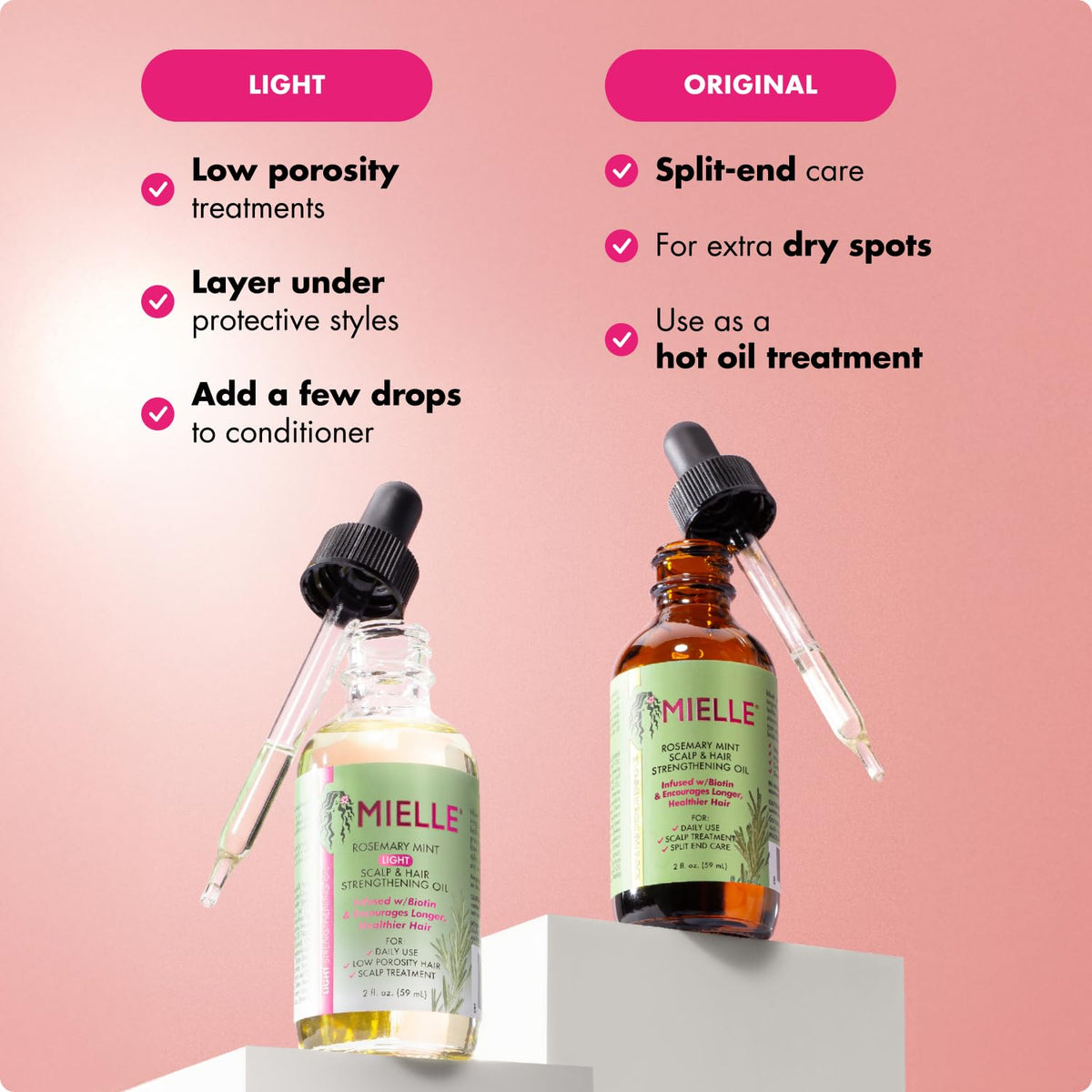 Mielle Organics Rosemary & Mint Light Hair Oil, Split Ends & Dry Scalp Treatment - Infused with Biotin & Essential Oils for Strengthening, Soothing, Moisturizing & Encouraging Longer Hair (2 Oz)