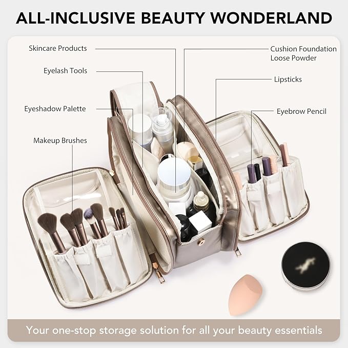 HauteHues Travel Makeup Bag Women's Large Capacity Cosmetic Portable Organizer Large Opening Waterproof Storage Toiletry Bags Vertical Free-Standing Brush Holder for Easy Access Copper