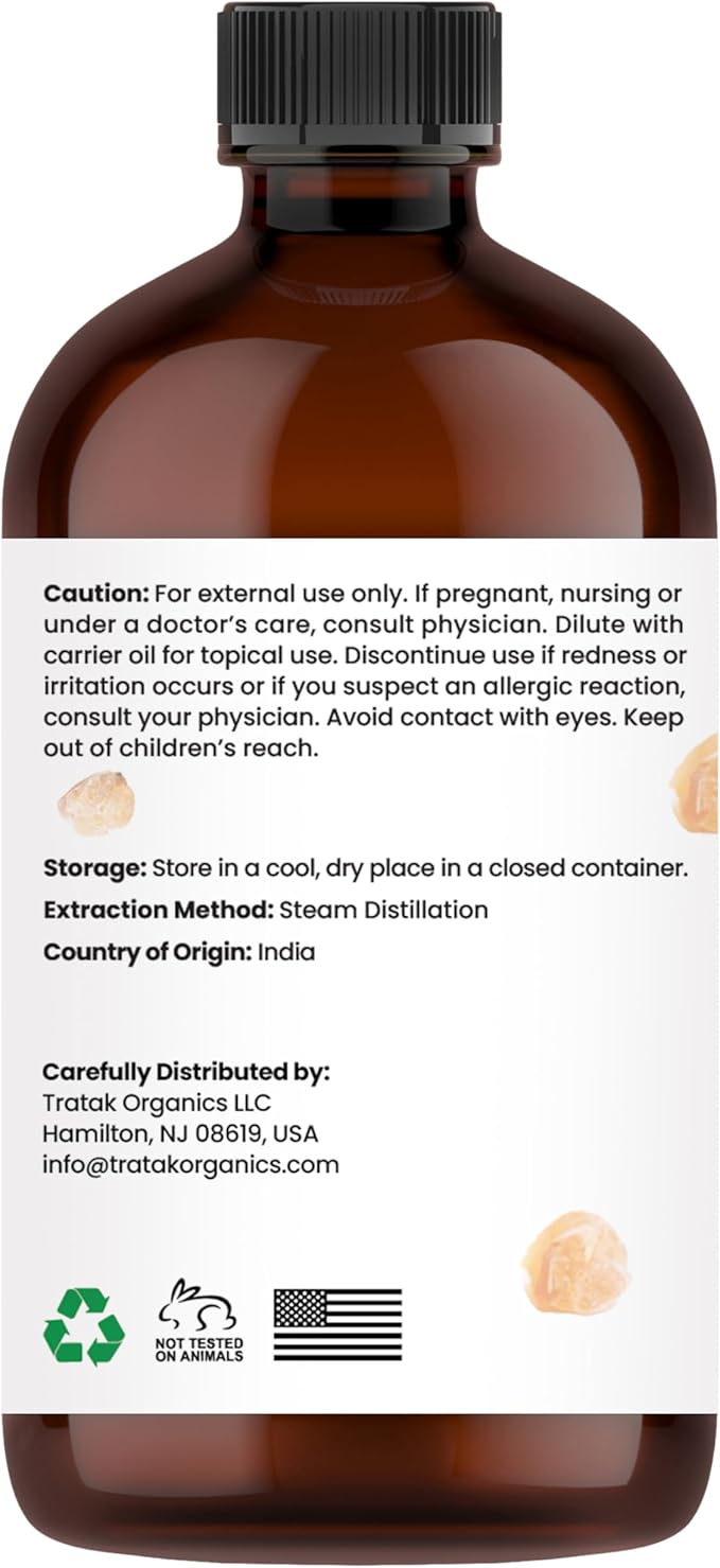 TRATAK ORGANICS Frankincense Essential Oil 4 FL OZ – 100% Pure Oil with Glass Dropper, Therapeutic Grade for Aromatherapy, Diffuser, Skin Care & Massage, Meditation, DIY Candles & Soap Making