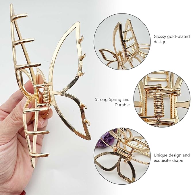 Solilayx 2-Pack Butterfly Claw Clips for Women, Metal Hair Clips for Thick Hair - Non-Slip Large Hair Claws for Updos, Bun, Ponytail