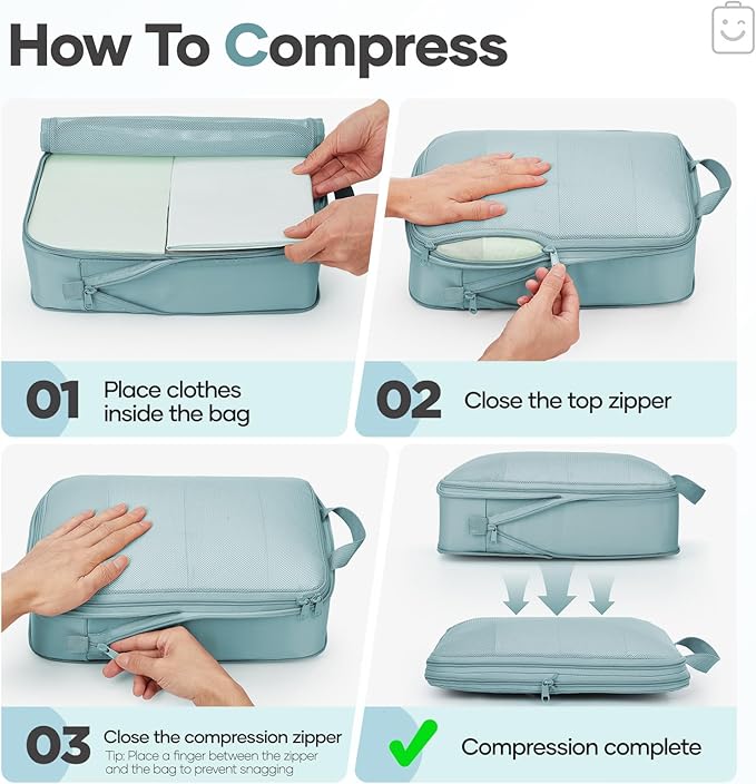 Veken 11 Set Compression Packing Cubes Garment Bags for Travel Essentials,Compressible Expandable Luggage Organizer Bags for Clothing,Space Saver Bags with Over 1000 pcs of Mesh Holes(Blue Gray)