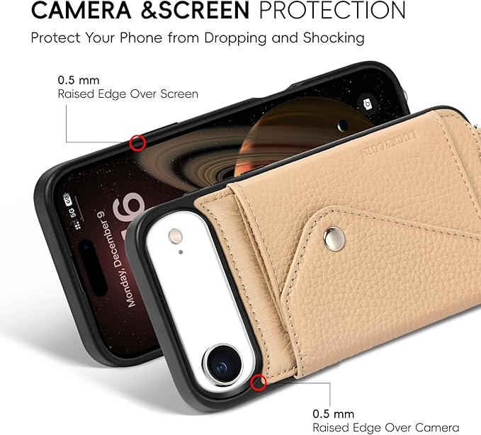 LUCKYCOIN Crossbody Phone Case for iPhone Air,100% Genuine Leather Phone Wallet Case for Women,Fashion Premium Hands-Free Phone Purse with Expandable Flip Card Holder & Adjustable Strap - Pebble Beige