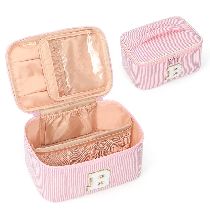 OCHEAL Makeup Bag for Women, Monogram Cosmetic Bag Pink Travel Makeup Case Beauty Toiletry Bag Organizer Personalized Gifts for Girls Bridesmaid, Sister, Wife, Friends Initial B