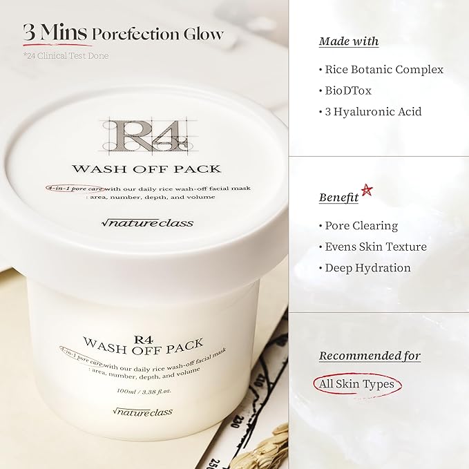 NATURECLASS R4 Rice Wash Off Facial Mask – 4-in-1 Korean Skin Care, Pore Refining, Gentle Exfoliating, Hydrating, Smooth Texture, Rice Ferment & Enzyme, Soft Cream Wash-Off, 3.38 fl oz