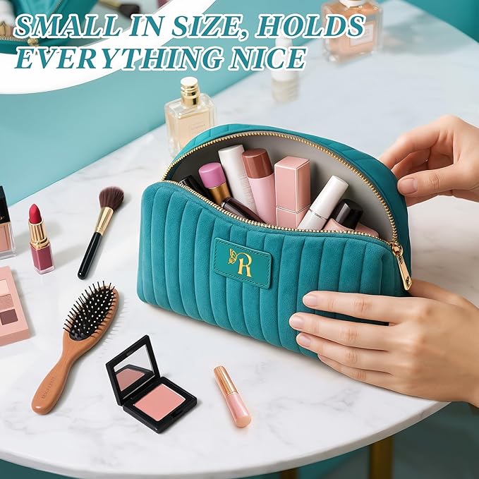 BagUrshion Monogrammed Make Up Bags for Women,Personalized Cosmetic Bags Women,Small Quilted Makeup Pouch,Cute Makeup Bag Travel,Birthday Gifts for Teen Girl (Blue R)