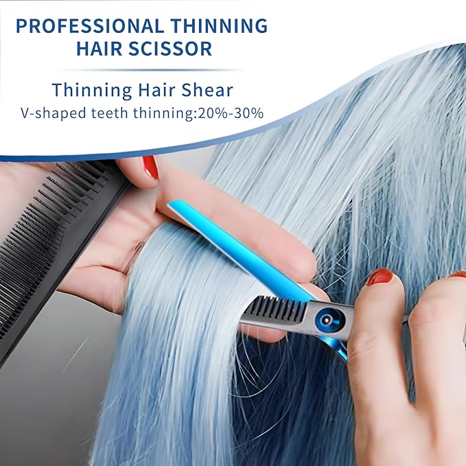 Hair Cutting Kit 11PCS - Professional Scissors With Stainless Steel Shears, Thinning Shears, and Accessories in Leather Case for Salon/Home (Black - Blue)