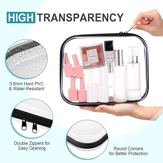 Hoolerry 4 Pcs Hard Clear Zipper Case Makeup Bags Plastic Zipper Pouch Transparent Storage Box Containers for Cosmetics, Snacks, Building Blocks, Puzzles(Clear,9.8 x 7.9 x 2 in,Black and White)