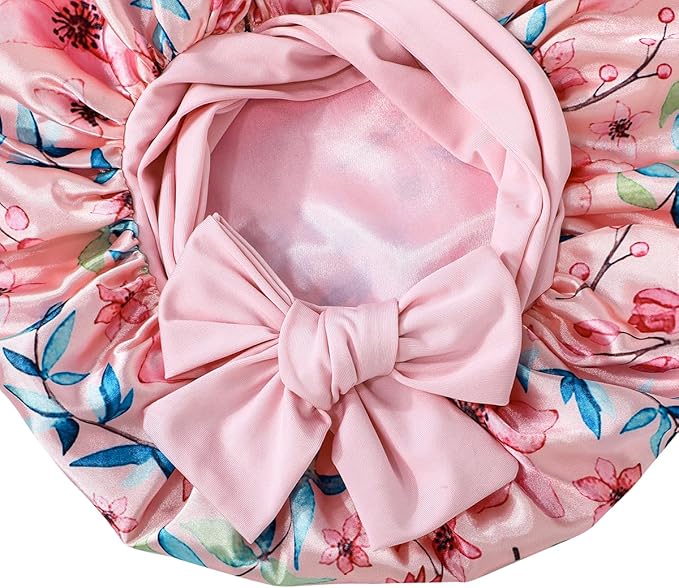 GDTOGRT Satin Silk Bonnet for Sleeping Women, Double Layer Sleep Hair Bonnets Caps for Curly Natural Hair with Tie Band - Pink Floral