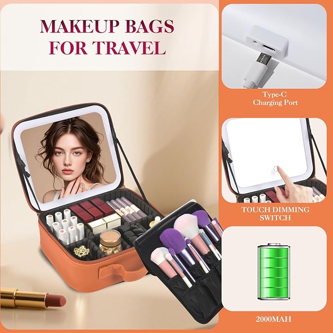 Yaliang Travel Makeup Bag with Mirror & 6 Adjustable EVA Dividers, Camel
