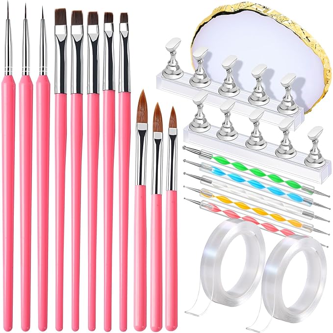FANDAMEI Nail Art Tools, Nail Design Tools, Nail Art Brushes, Nail Brush Set With Nail Stand, Nail Holder For Painting Nails, 11PCS Nail Brushes For Nail Art, Nail Dotting Tool, Nail Art Palette, Pink