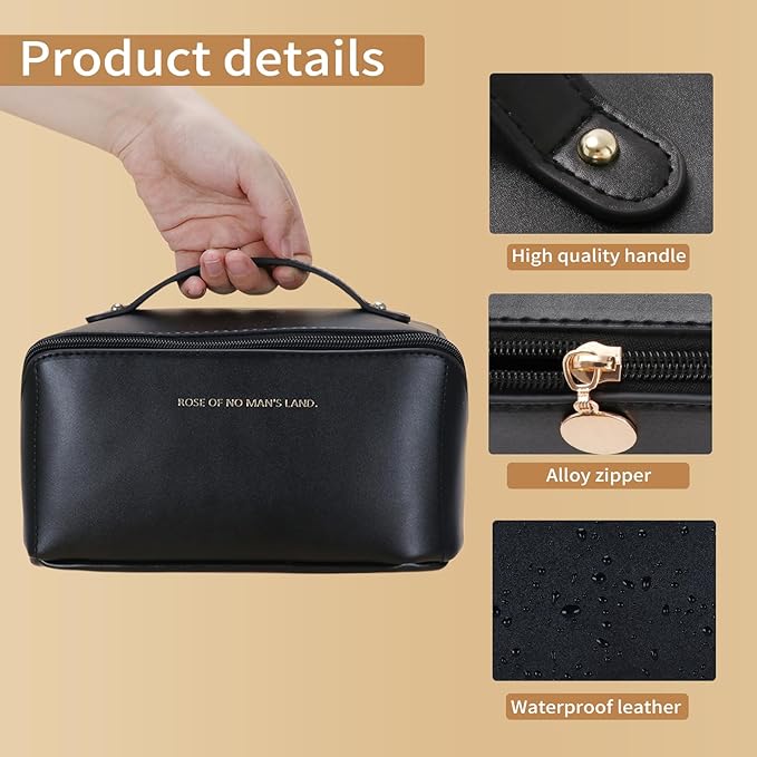 zaleeta 3 Pcs Travel Makeup Bag Portable Large Capacity Cosmetic Bags for Women Open Flat Makeup Case Organizer Bag Set of 3 Waterproof PU Leather Toiletry Bags with Divider and Handle (Black, Medium)