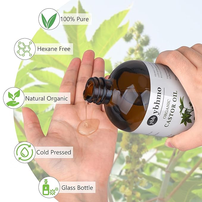 YBHMO Cold Pressed Castor Oil Organic Glass Bottle(16 Fl Oz),100% Pure ，Hexane Free for Hair Growth & Care, Castor oil pack & Moisturize Body Skin