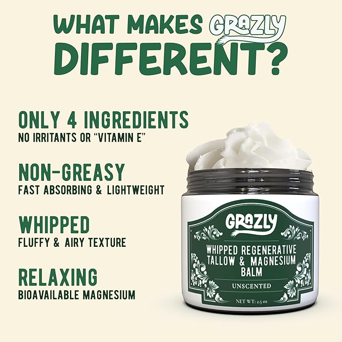Grazly Whipped Beef Tallow for Skin - Unscented, 2.5 oz