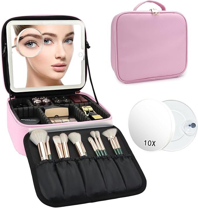 SLUMAZI Travel Makeup Bag with LED Mirror and 10x magnifying glass with 3 Lighted Settings, Adjustable Dividers and Makeup Brush Storage Bag Light Pink