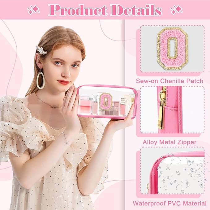 Personalized Initial Letter Clear Makeup Bag,Preppy Small Nylon&PVC Cosmetic Zipper Bag with Chenille Letter,Portable Beach Travel Skincare Toiletry Bag,Trendy Monogram Gift for Teen Girls Women,O