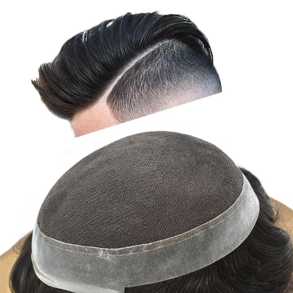 FACE MIRACLE Toupee for Men French Lace Hairpiece Human Hair Replacement System Skin PU Mens Toupee Hair Wigs for Man V-Looped Front Hair Prosthesis 6"X8" 4# MEDIUM BROWN — 8X10