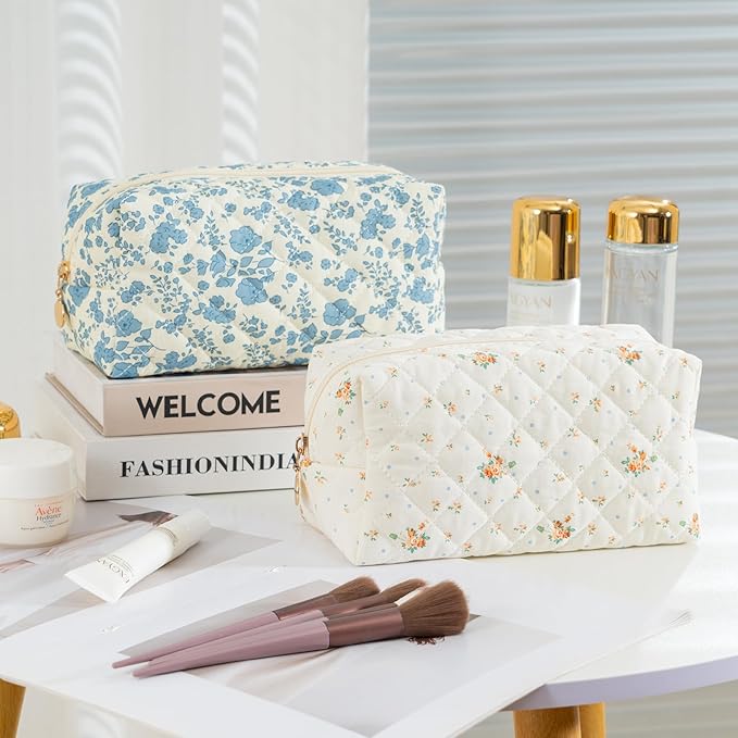 UUYUUY Makeup Bag Travel Toiletry Bag for Women, Small Cosmetic Bags Cute Quilted Cotton Makeup Pouch for Purse Emergency Bag Floral Pencil Case Accessory Bag, Orange Floral