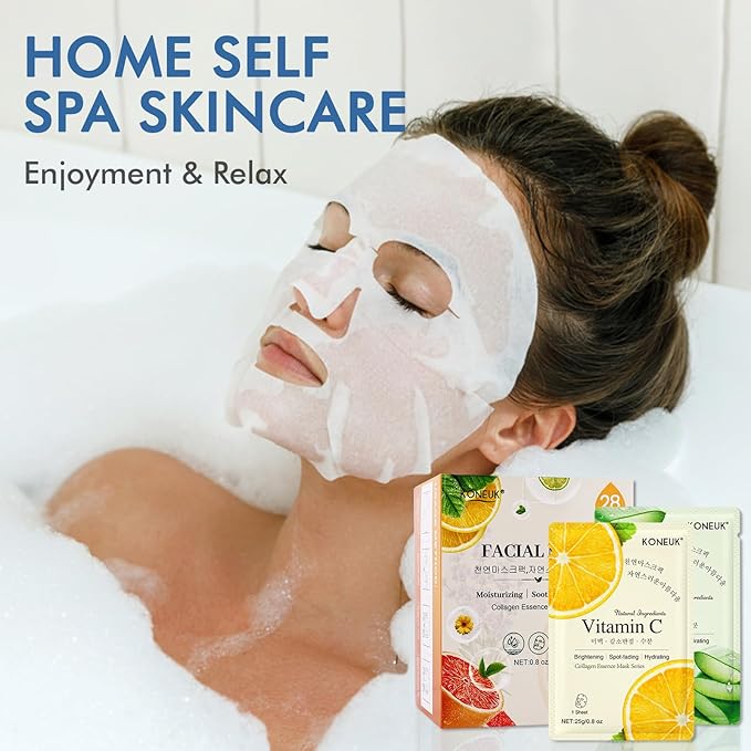 KONEUK 28 Pack Sheet Face Masks Skincare, Hydrating Face Masks Suitable for Dry Skin, Bulk Facial Mask Gifts Set for Women Skin Care, Home Skincare Spa for Most Skin Types