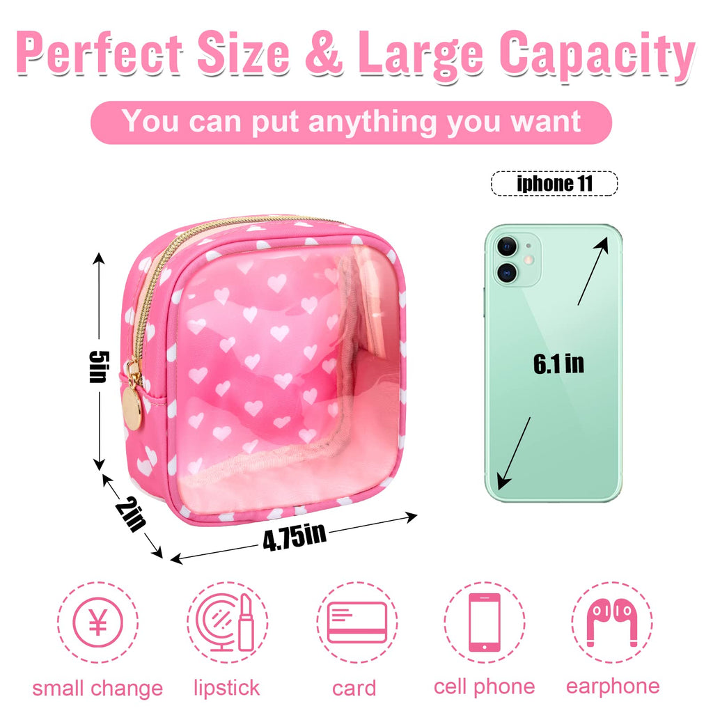Mini Clear Travel Makeup Organizer Bag for Purse, Samll Cute Preppy Pink Makeup Bag Cosmetic Zipper Pouch Purse, Transparent PVC & Nylon Waterproof Toiletry Storage Clutch for Women Girls(Pink Heart)