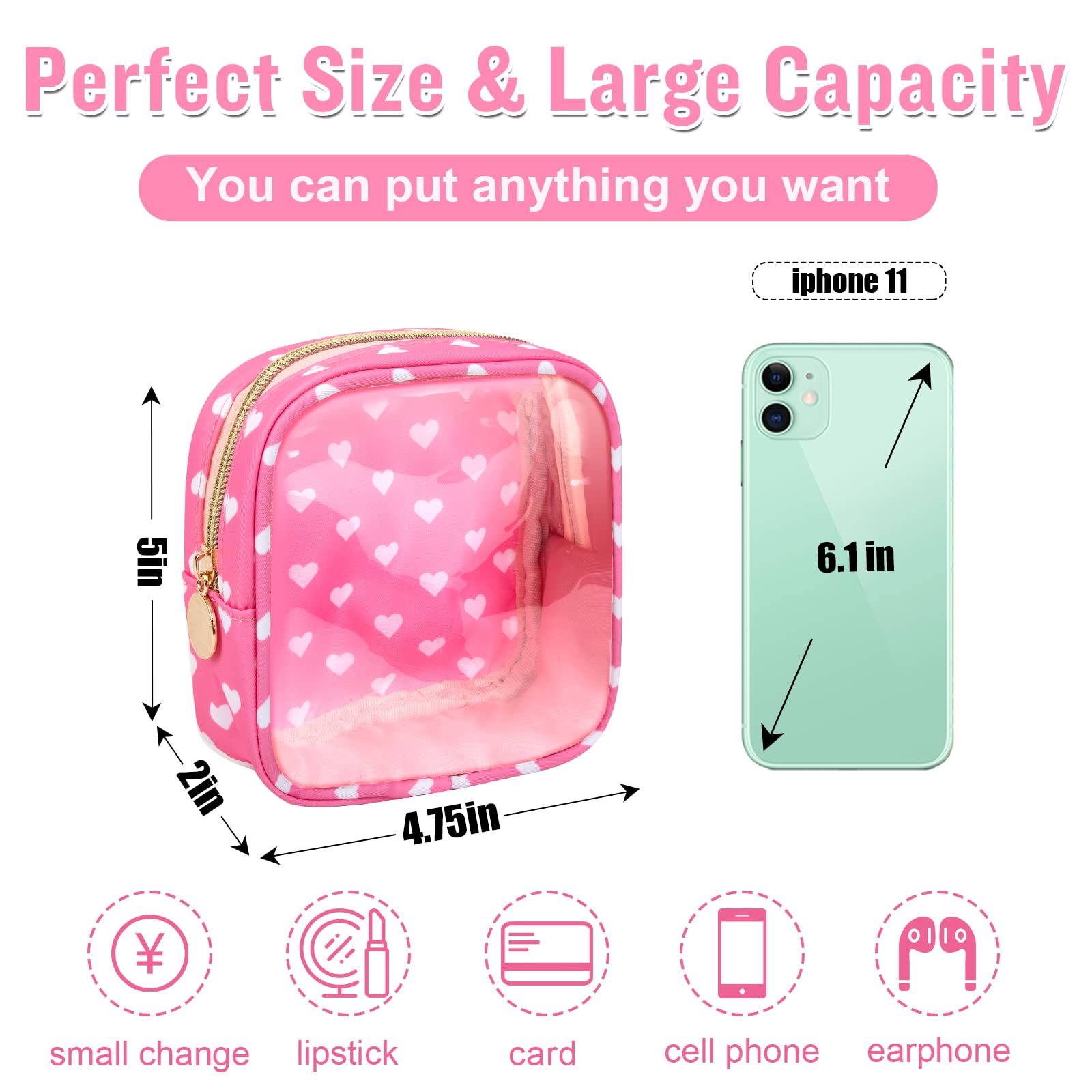 Mini Clear Travel Makeup Organizer Bag for Purse, Samll Cute Preppy Pink Makeup Bag Cosmetic Zipper Pouch Purse, Transparent PVC & Nylon Waterproof Toiletry Storage Clutch for Women Girls(Pink Heart)