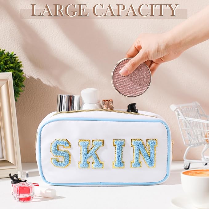 Cunno Preppy Makeup Bags Chenille Letter Stuff Bag Nylon Cosmetic Pouch Cases with Zipper for Women Travel Toiletry(White Set,Novel,4 Pcs)