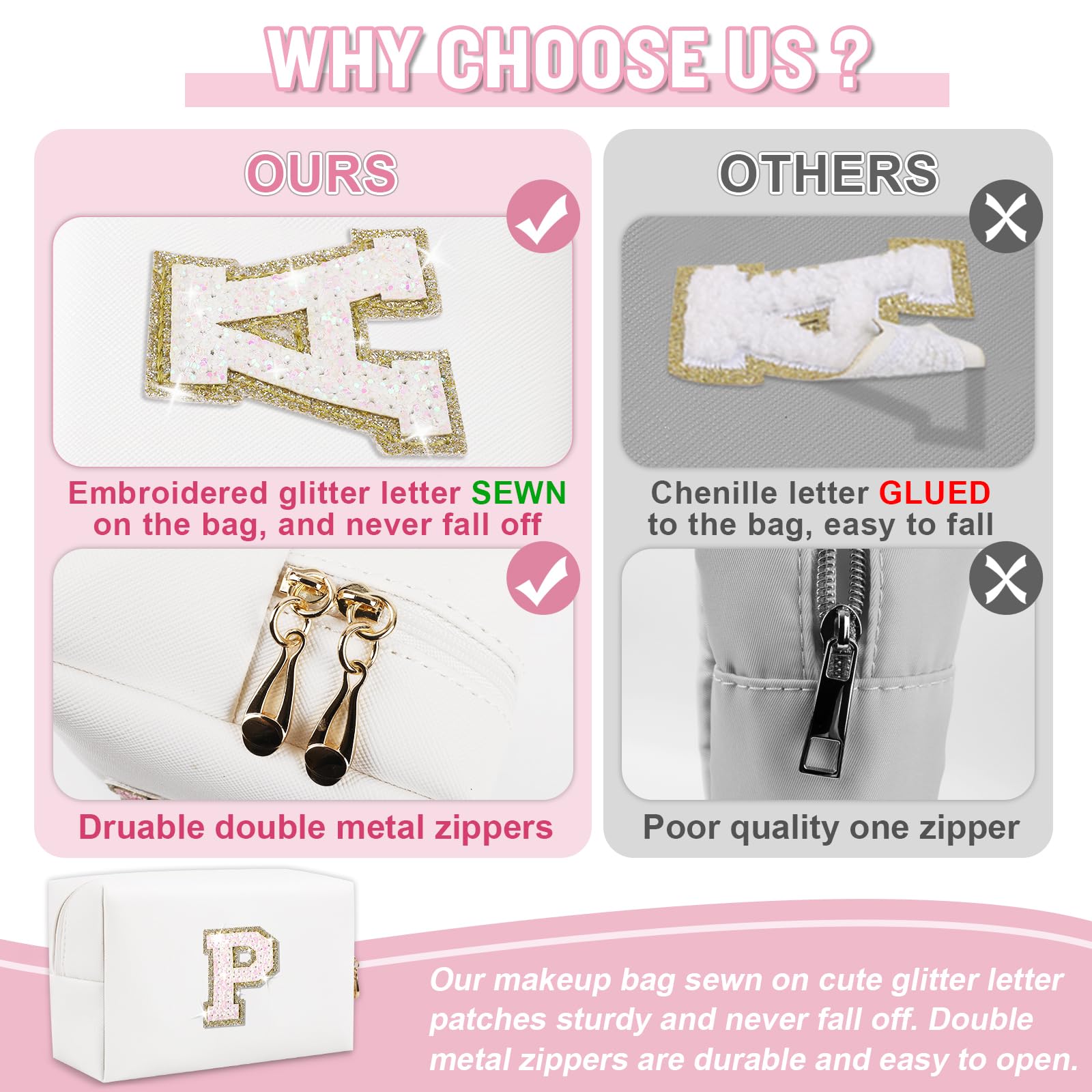 Small Travel Initial Preppy Makeup Bag, Personalized Black Cute Cosmetic Zipper Pouch Chenille Letter Travel Toiltery Bag, Waterproof PU Leather Makeup Case Storage Gift for Mom Women Female(Letter M)