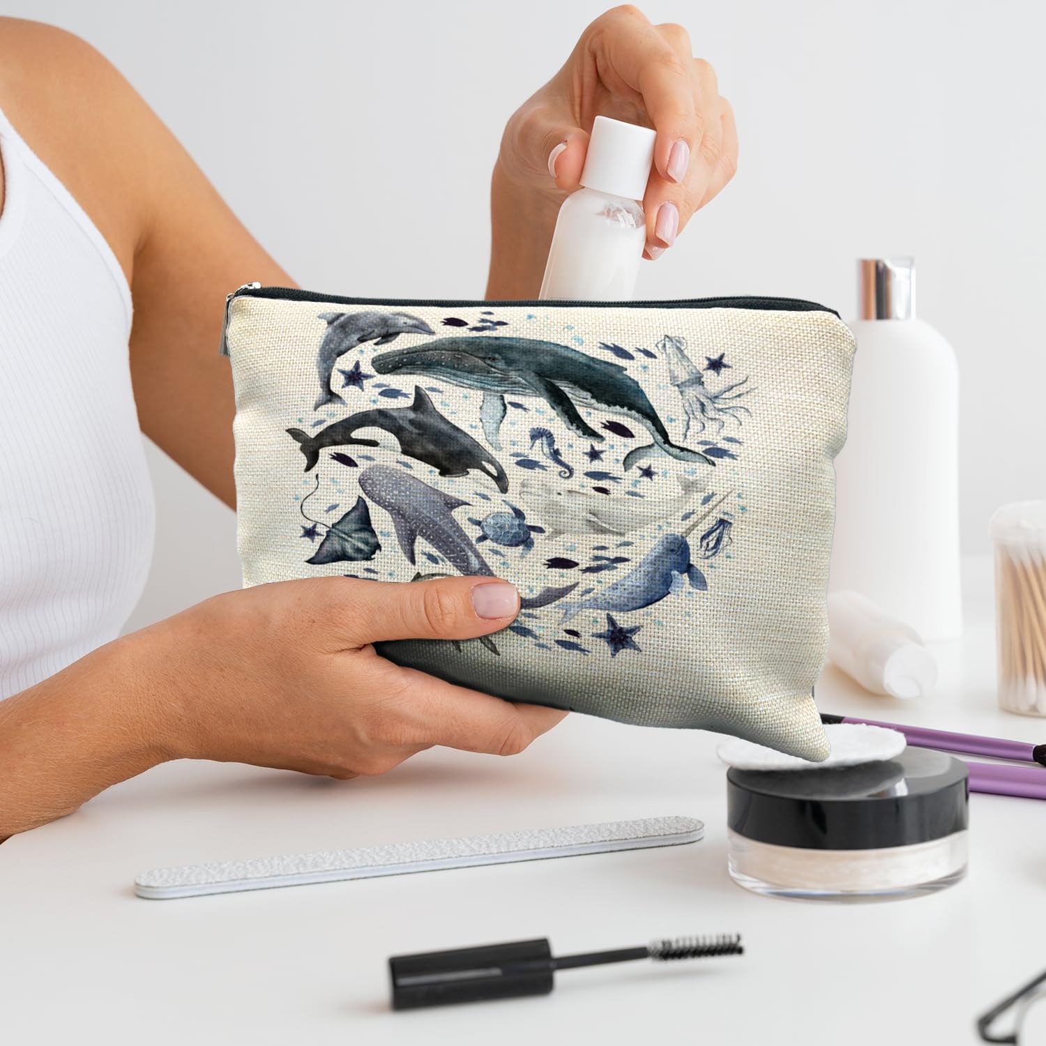 RYYCDOI Ocean Animals Shark whale Makeup Bag, Marine Life Animals Cosmetic Bags for Women,Shark Gifts for Women