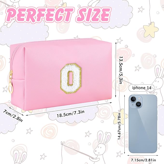 URSKYTOUS Initial Makeup Bag Personalized Preppy Travel Small Cosmetic Bag Cute PU Pink Chenille Letter Makeup Pouch for Purse Waterproof Zippered Toiletry Organizer for Women Girls Kids Friends (O)