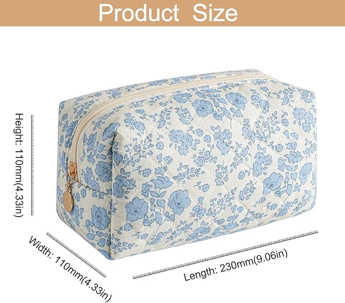 HHQQWZ Makeup Bag Travel Cosmetic Bag for Women Girls, Zipper Make Up Pouch, Floral Flowers Toiletry Organizer Makeup, Portable Storage Bag, Cosmetic Travel Cloth Bag (2 Pack (L+S)/Blue Floral)